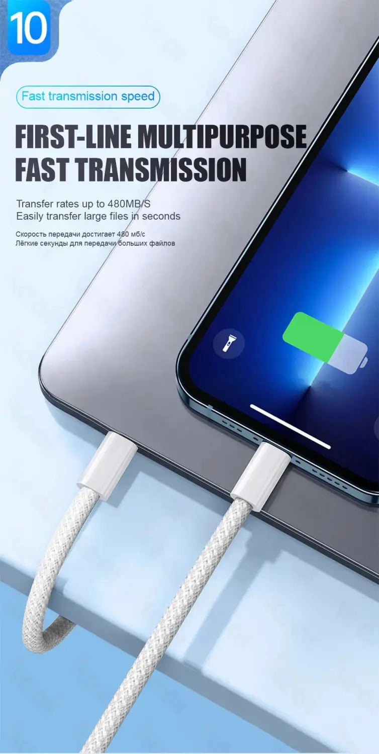 white braided 60w usb c iphone fast charging cable with fast transmission speed up to 480mb per second