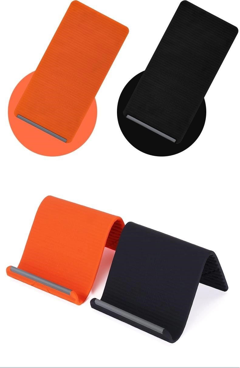 Soportes para teléfono plegables tipo perezoso de silicona con abrazadera en colores naranja y negro, con un diseño minimalista y elegante.