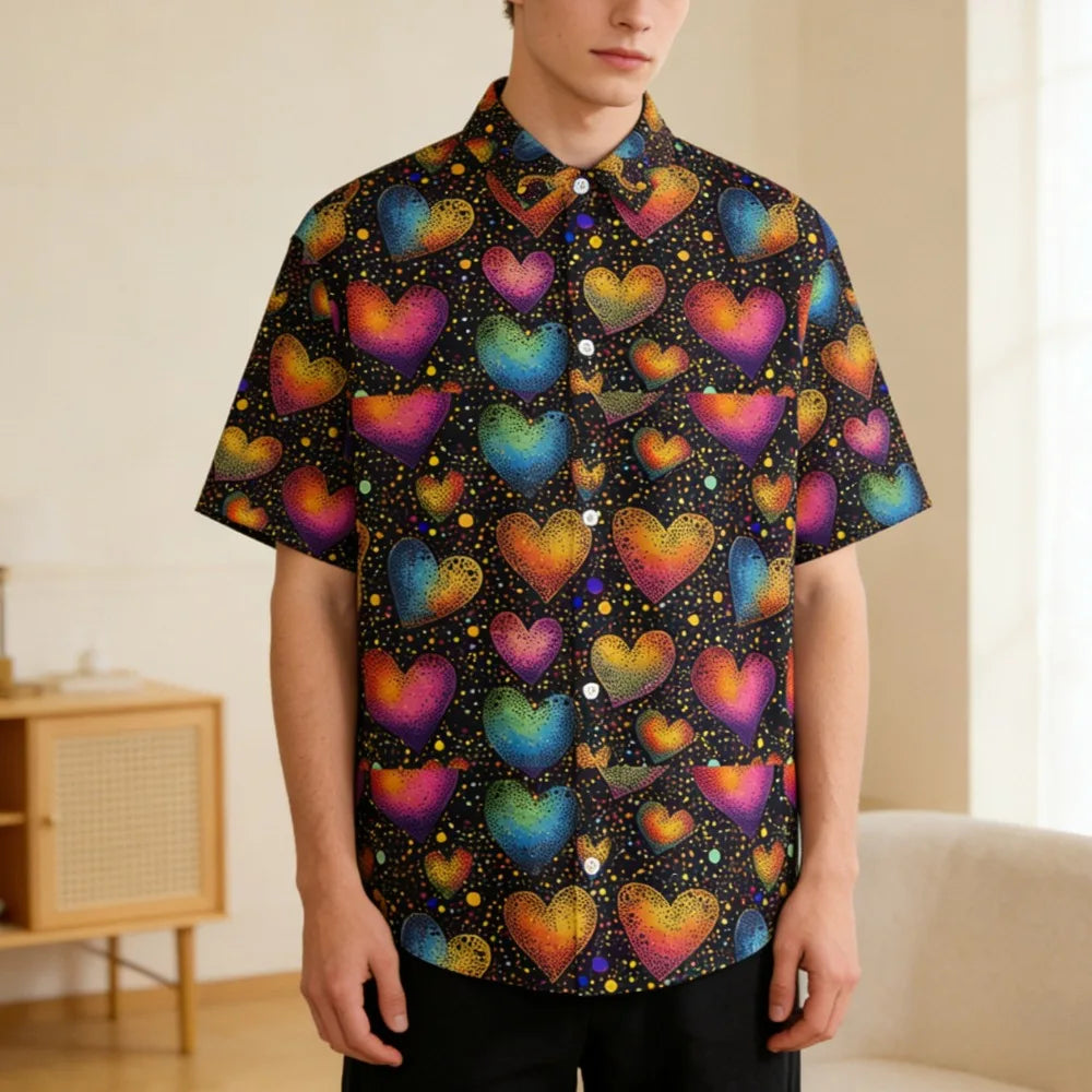 Valentine's Day Themed Men's & Women's Casual Shirt Romantic Short Sleeve Red Pink White Heart Print Loose Fit Button Down Shirt