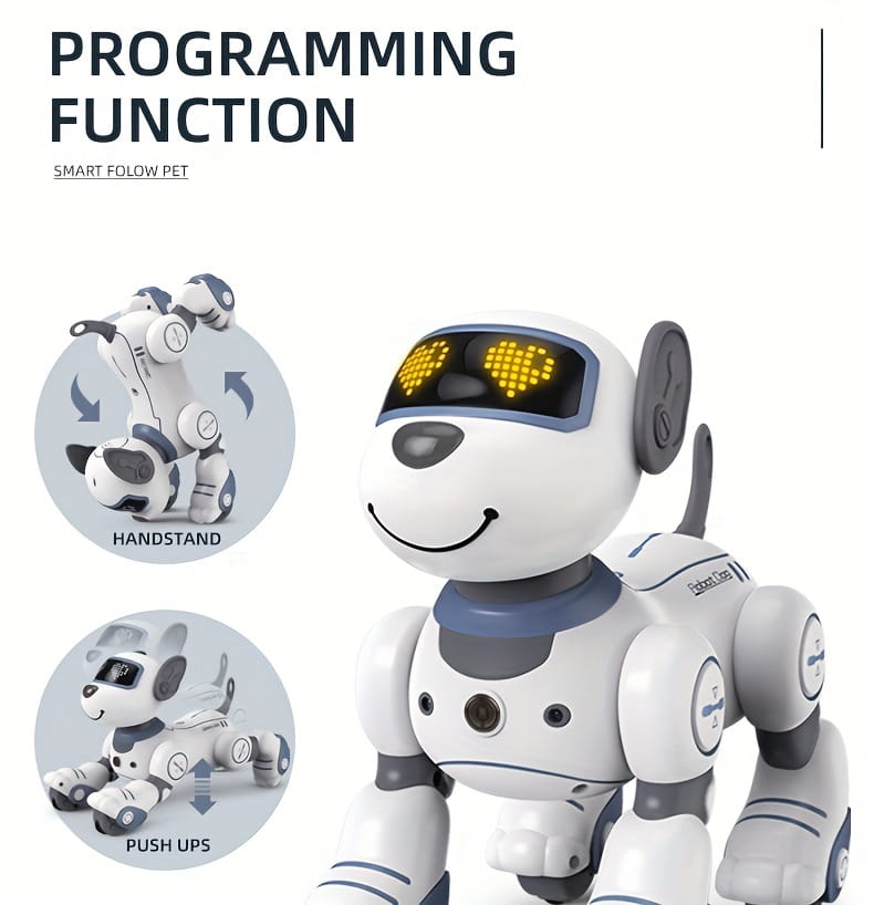 White and gray remote control robotic dog toy with led heart-shaped eyes and rechargeable battery designed as a smart follow pet toy.