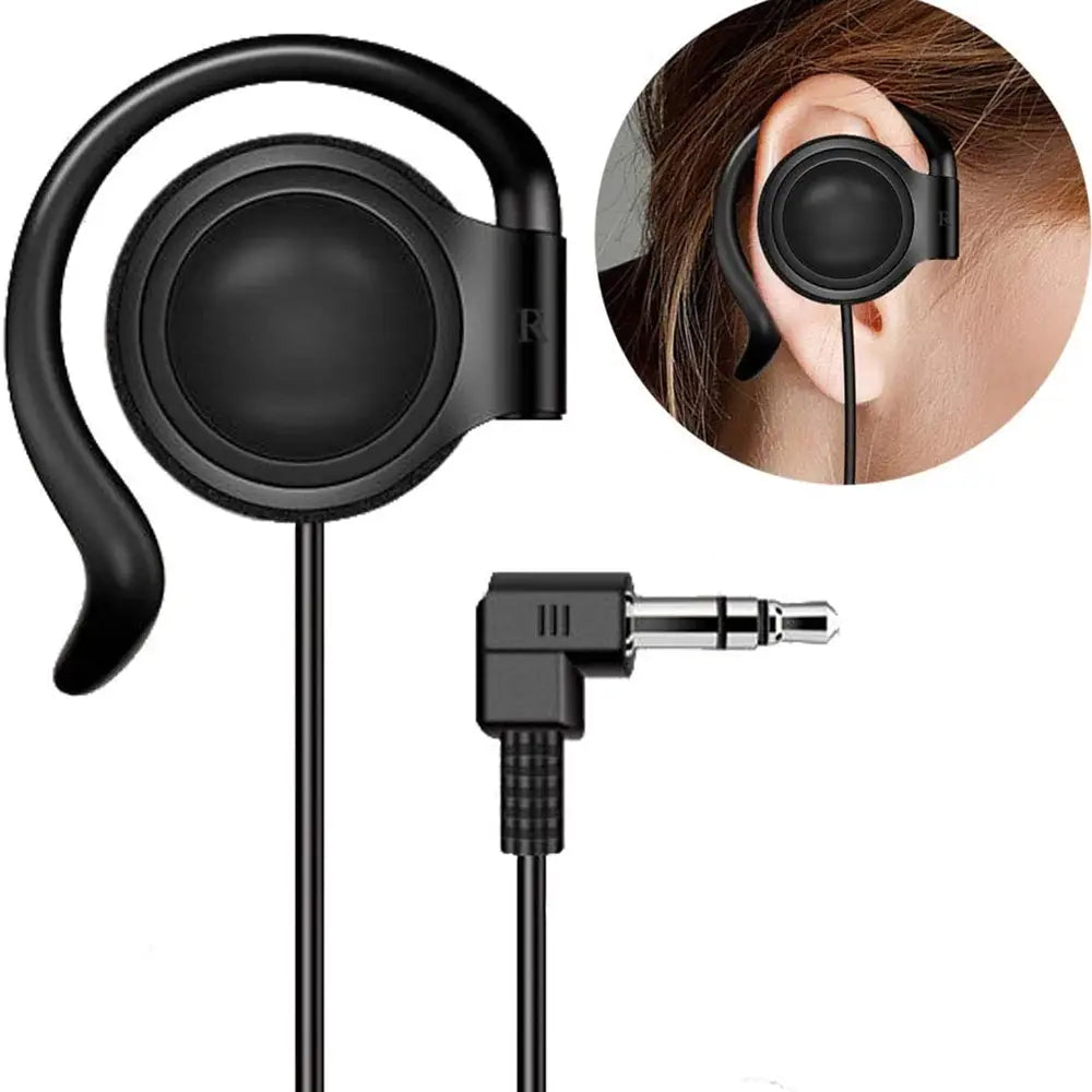 Black single ear hook 3.5mm wired headphone with in-ear hook style, curved clip, and angled 3.5mm audio jack.