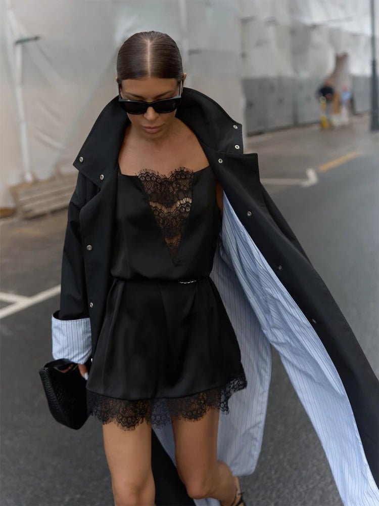 Women Long Trench Coat Elegant Lapel Single Breasted Striped Lining Side Slit Oversized Jacket Urban Commute Casual Outerwear