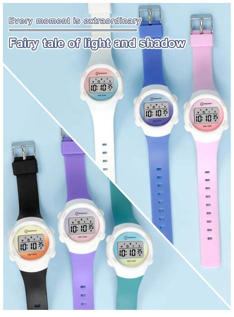 Colorful kids waterproof digital sports watches in purple blue pink teal black and orange with white casings and silicone straps.