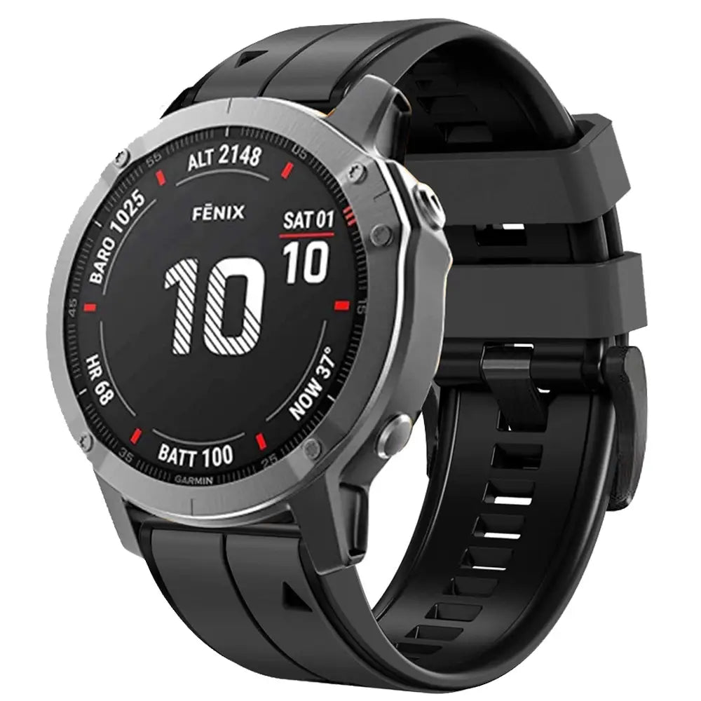 Garmin Fenix Silikonarmband, kombiniert mit einer schwarzen und silbernen Garmin Fenix Smartwatch: robustes Design und digitales Display, das Höhe, Luftdruck, Herzfrequenz und Akkustand anzeigt.