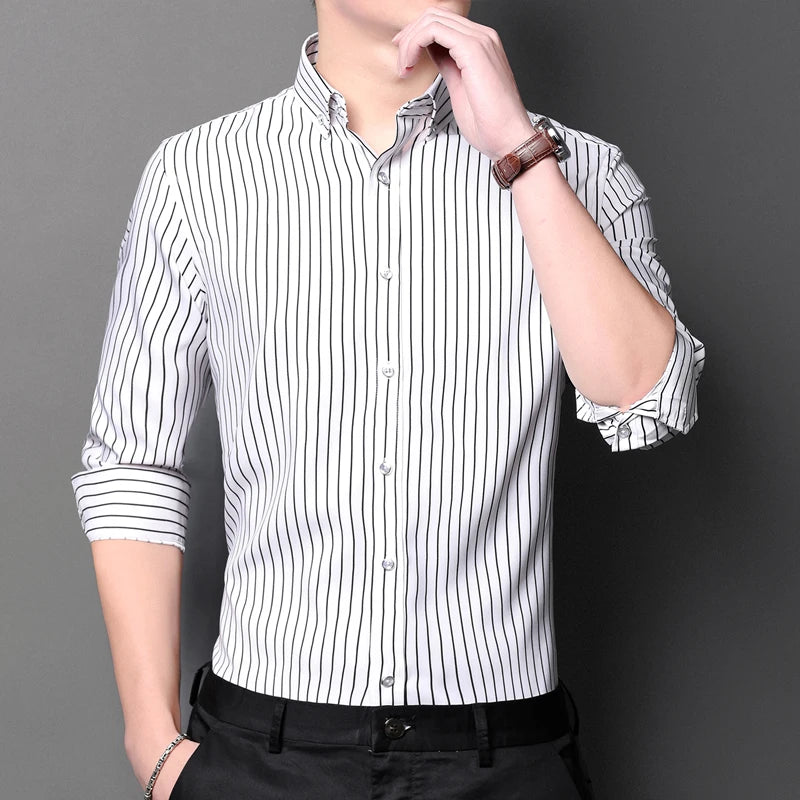 Men's Elegant  Striped Iron-Free Long Sleeve Dress Shirts - Breathable, Stretchy Casual Button Up Shirt For Formal Occasions