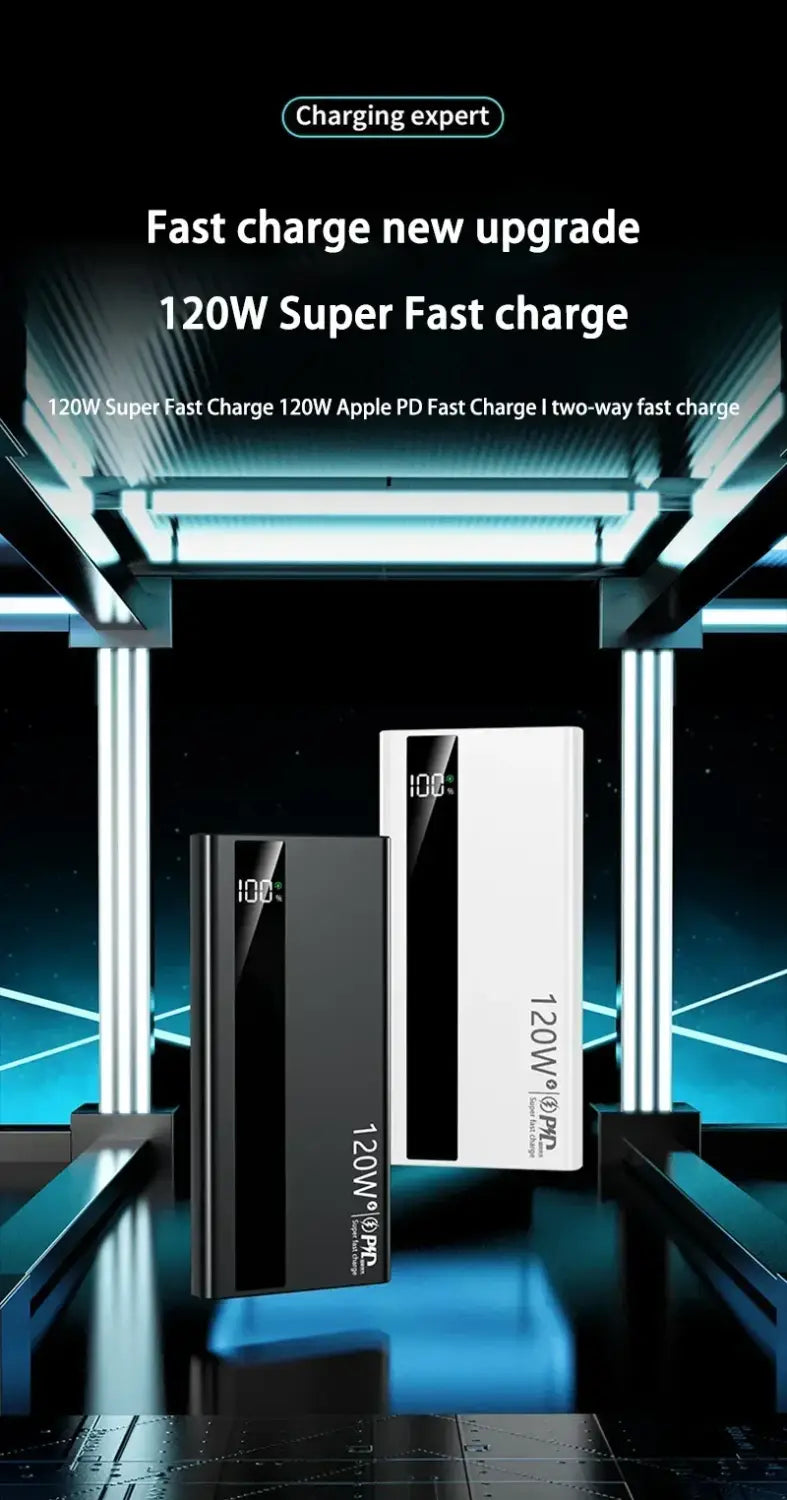 Bancos de energía de carga rápida de 120 W en blanco y negro con diseños rectangulares elegantes y pantallas digitales para una entrega de energía portátil súper rápida