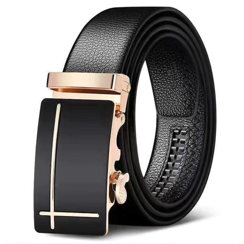 Ceinture en cuir noir pour hommes avec une boucle automatique ton or rose, au design minimaliste épuré, fabriquée avec une ceinture en PU noire.