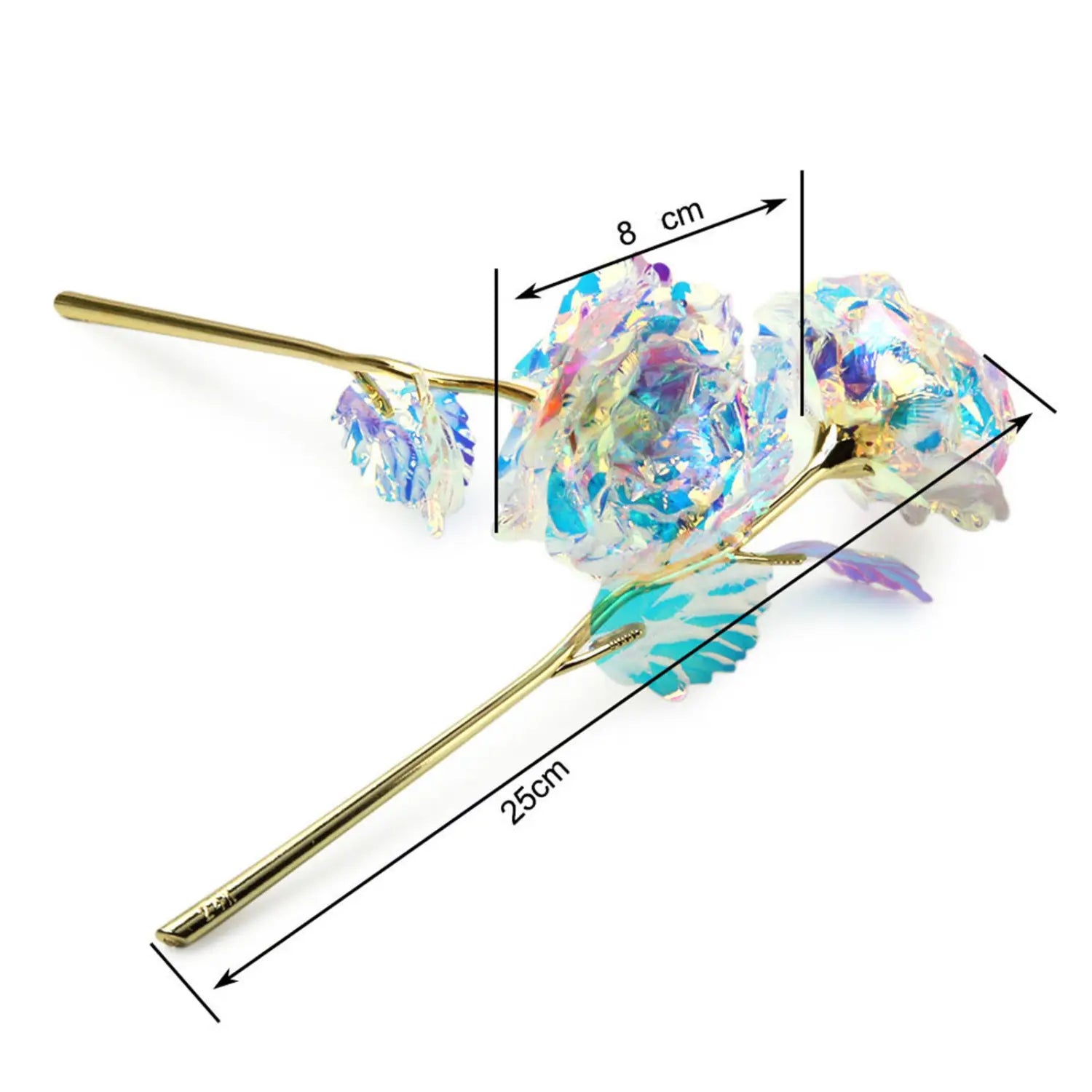 A shimmering iridescent rose with a gold stem and leaves crafted from glass or crystal featured as a gold foil artificial rose eternal gift flower.