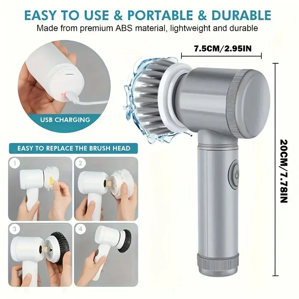 Silver electric spin scrubber with white replaceable bristle head and usb charging port for electric cleaning brush use