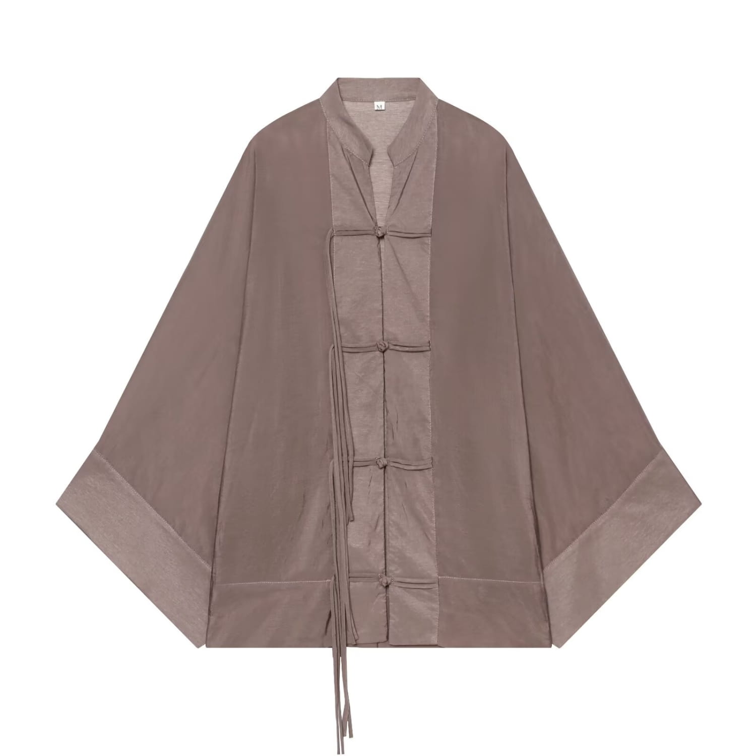 Veste traditionnelle chinoise taupe ample, à manches amples et fermeture avant à nouer en tissu, associée à des chemises décontractées pour un rendu élégant.