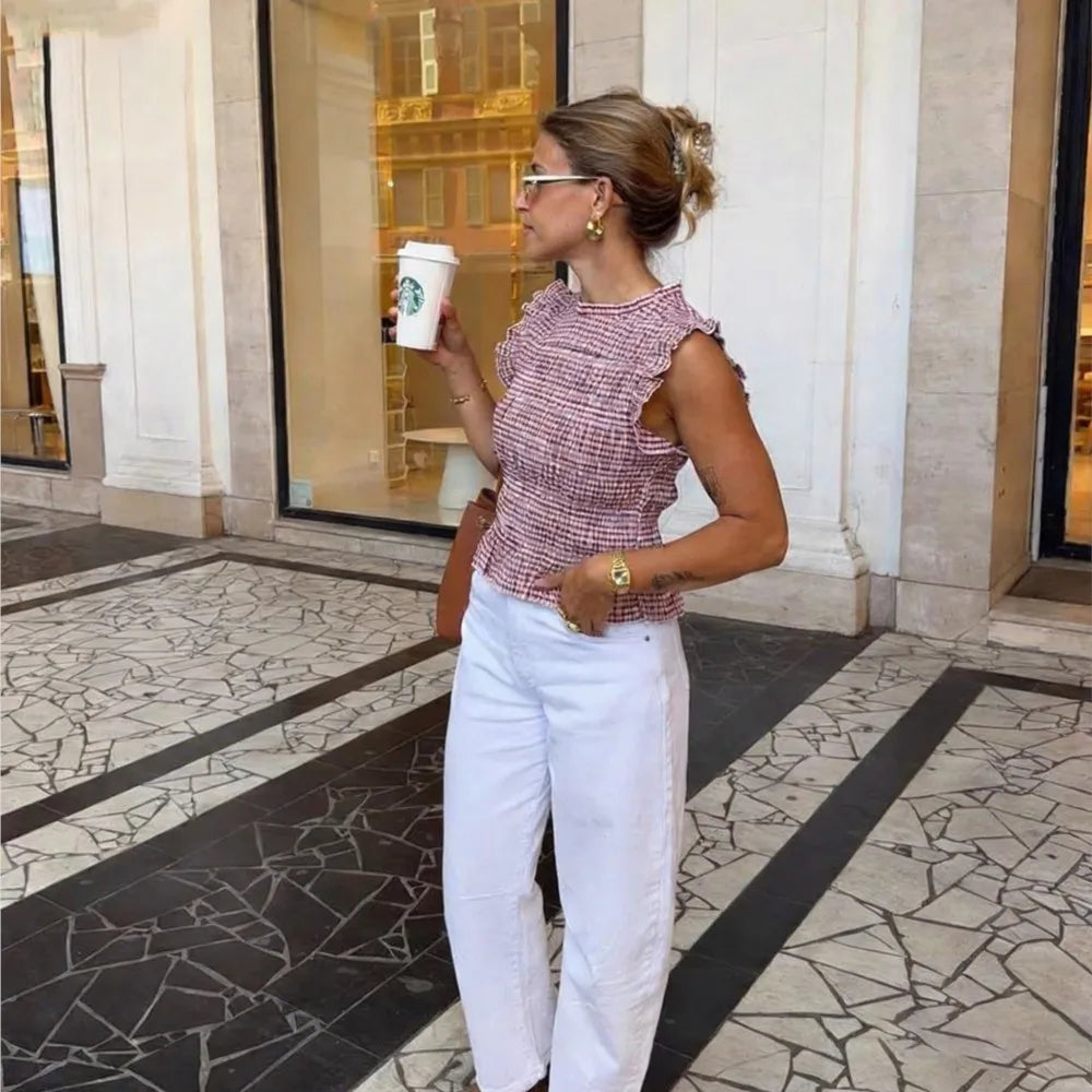Women Elegant Blouses Summer Female Casual Plaid Sleeveless T-Shitrs Lady Street Chic Commute Tank Tops Trendy Holiday Lady Tops