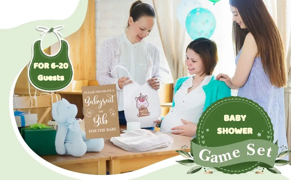 White bib with a pink unicorn and cake design embroidered on soft fabric in a baby shower diy bodysuit and bib decorating game kit.