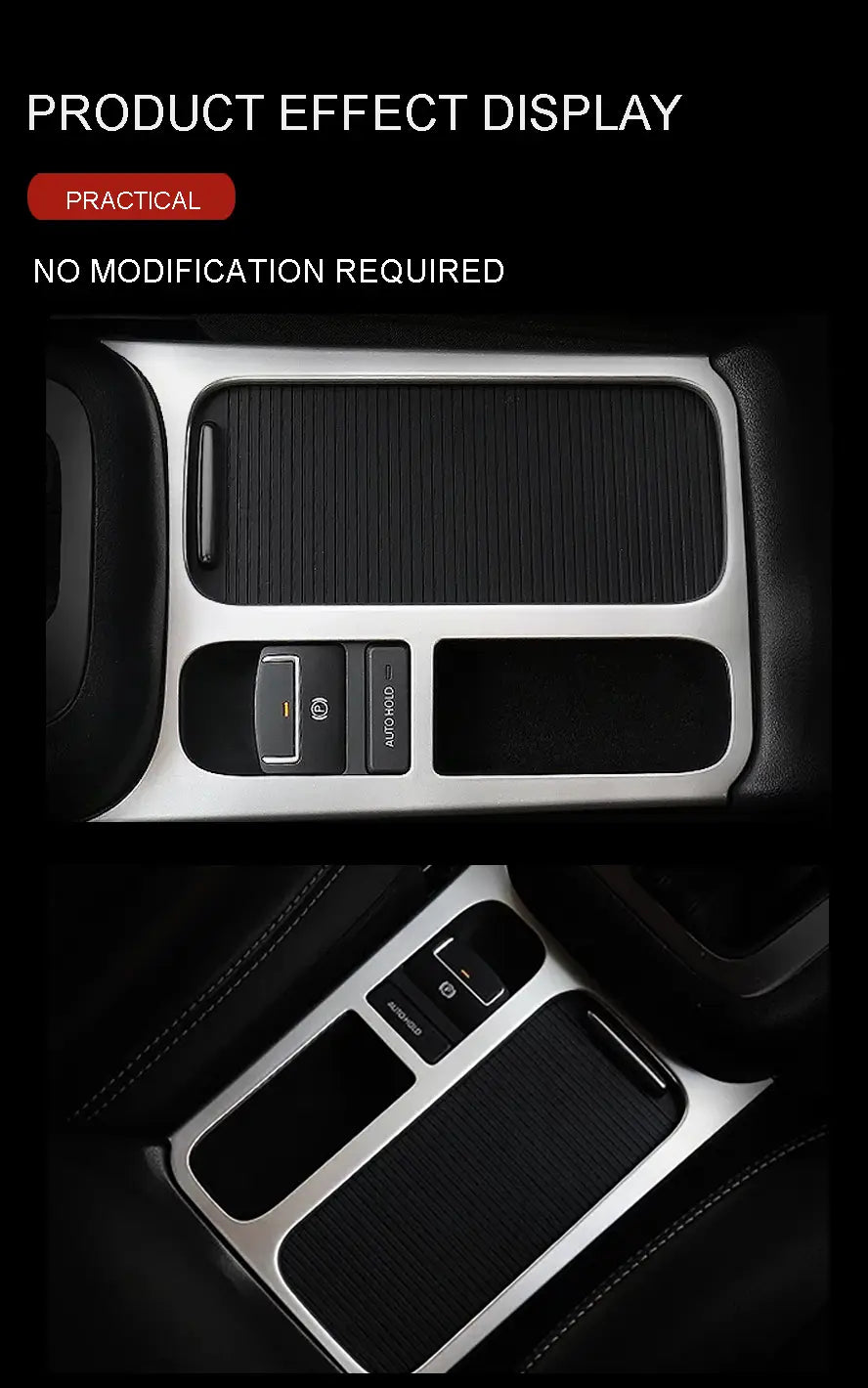 silver metallic center console trim with black textured insert and sleek modern design for vw tiguan cup holder panel trim 2009-2017