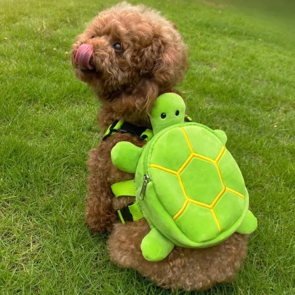 Bright green plush turtle shape dog backpack with yellow stitching details designed as a pet carrier.