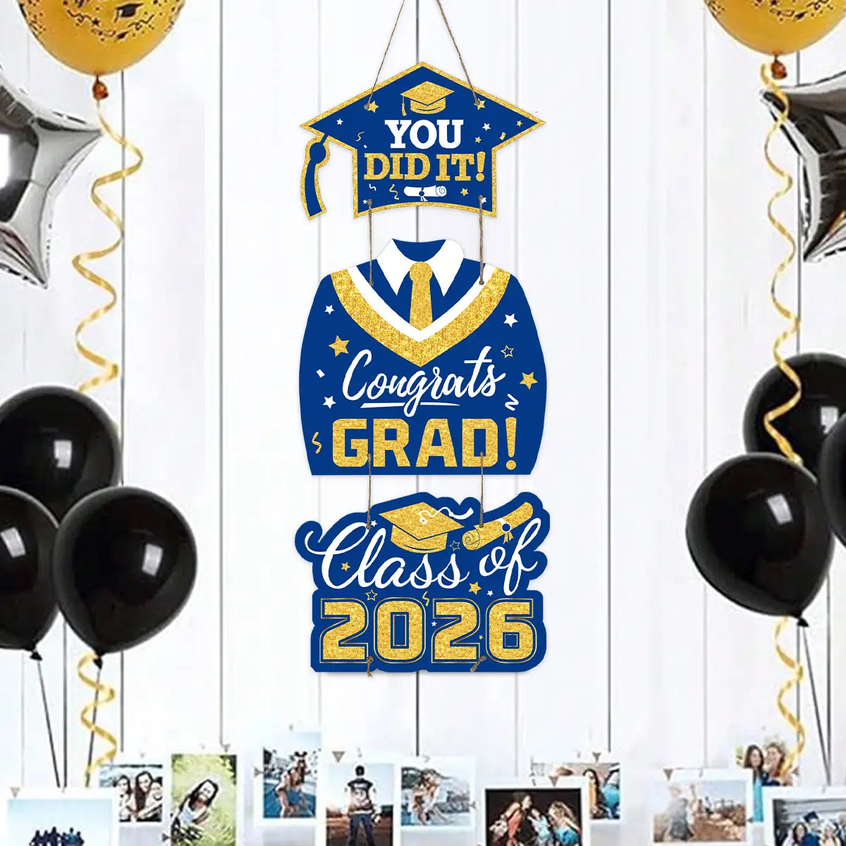 blue and gold glittery class of 2026 graduation door hanging decor featuring congratulations messages with cap, gown, tie, and star accents.