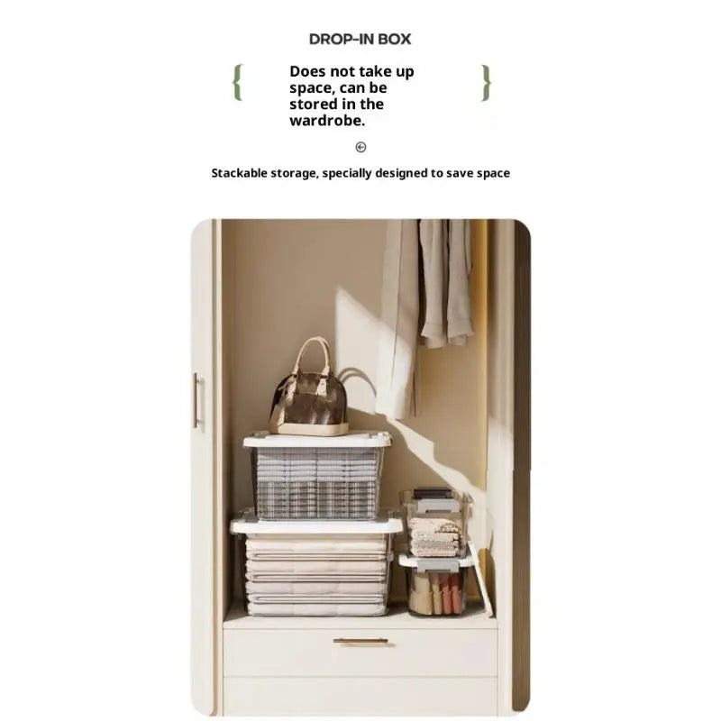 Boîte de rangement blanche en plastique empilable avec couvercle transparent et loquets, comprenant un motif de grille, en grande taille environ, pour un rangement organisé