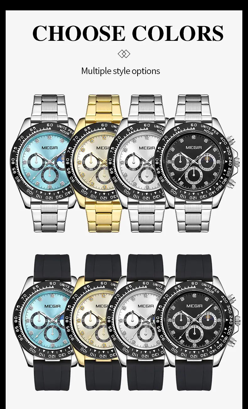 Megir men luxury sports quartz watches in silver and gold tones with stainless steel bracelets or black rubber straps featuring blue white or black dials with diamond accents and chronograph functionality.