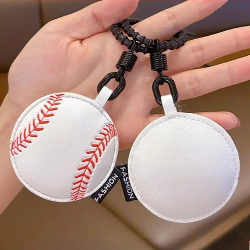 white leather baseball-themed keychain with red stitching and black metal chain attachment for use as a sports ball keychain set bag charm