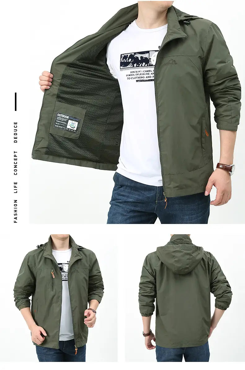 chaqueta cortavientos impermeable verde oliva para hombre Naturehike con capucha, cierre de cremallera frontal y bolsillos interiores con forro de malla