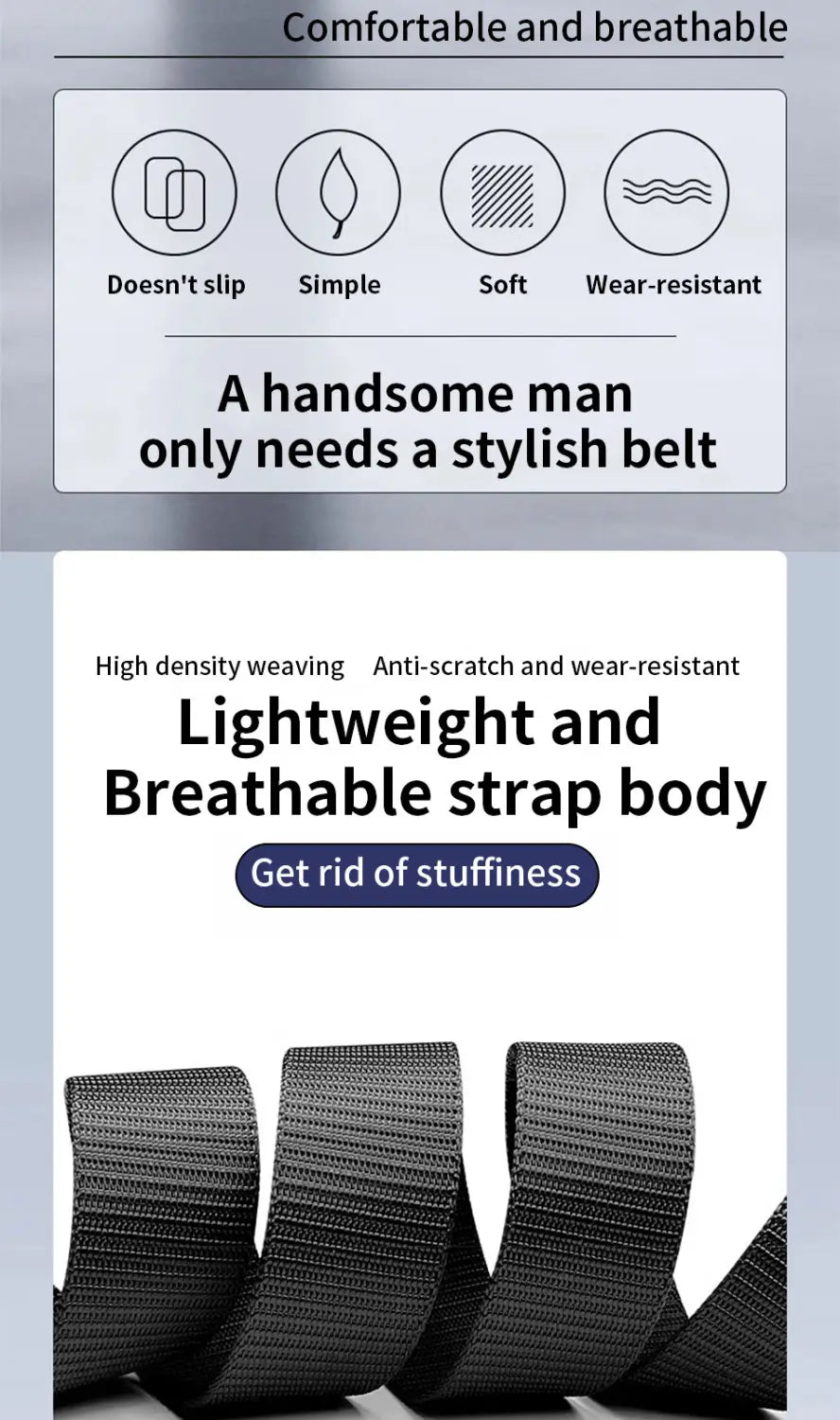 Men canvas belt with black lightweight and breathable strap featuring high-density weaving and automatic buckle for casual use.