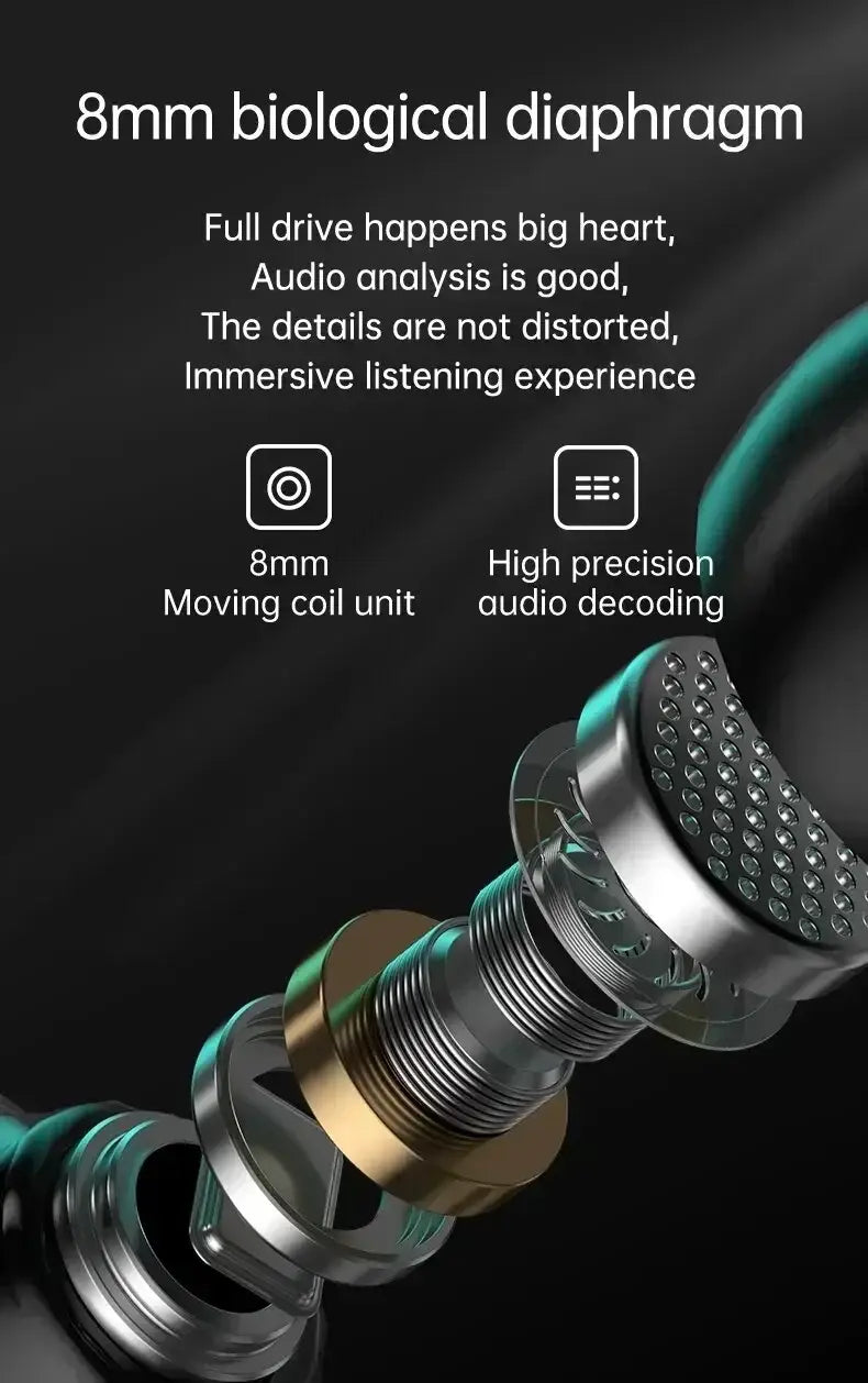 Auriculares inalámbricos Bluetooth 5.3 con altavoz de diagrama biológico de 8 mm, con diseño de unidad de bobina móvil en plata metálica y tonos dorados; e incluyen un estuche de carga con tapa tipo compuerta y controles táctiles por huella digital.