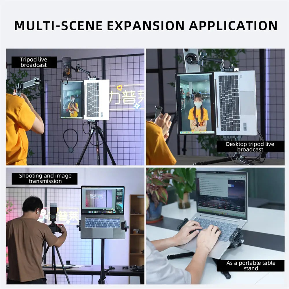 Black aluminum vertical laptop stand for tripods featuring adjustable arms and a clamp for multi-scene live broadcasting setups.