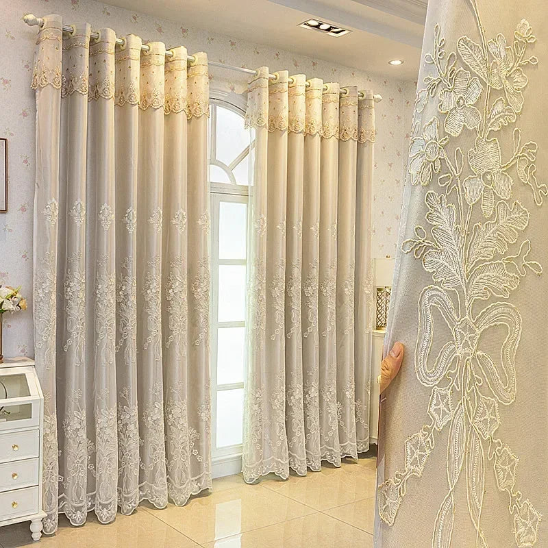 European Luxury Curtains for Living Room Bedroom  Embossed Embroidered Double-layer Blackout Cloth Gauze Integrated Custom Tulle