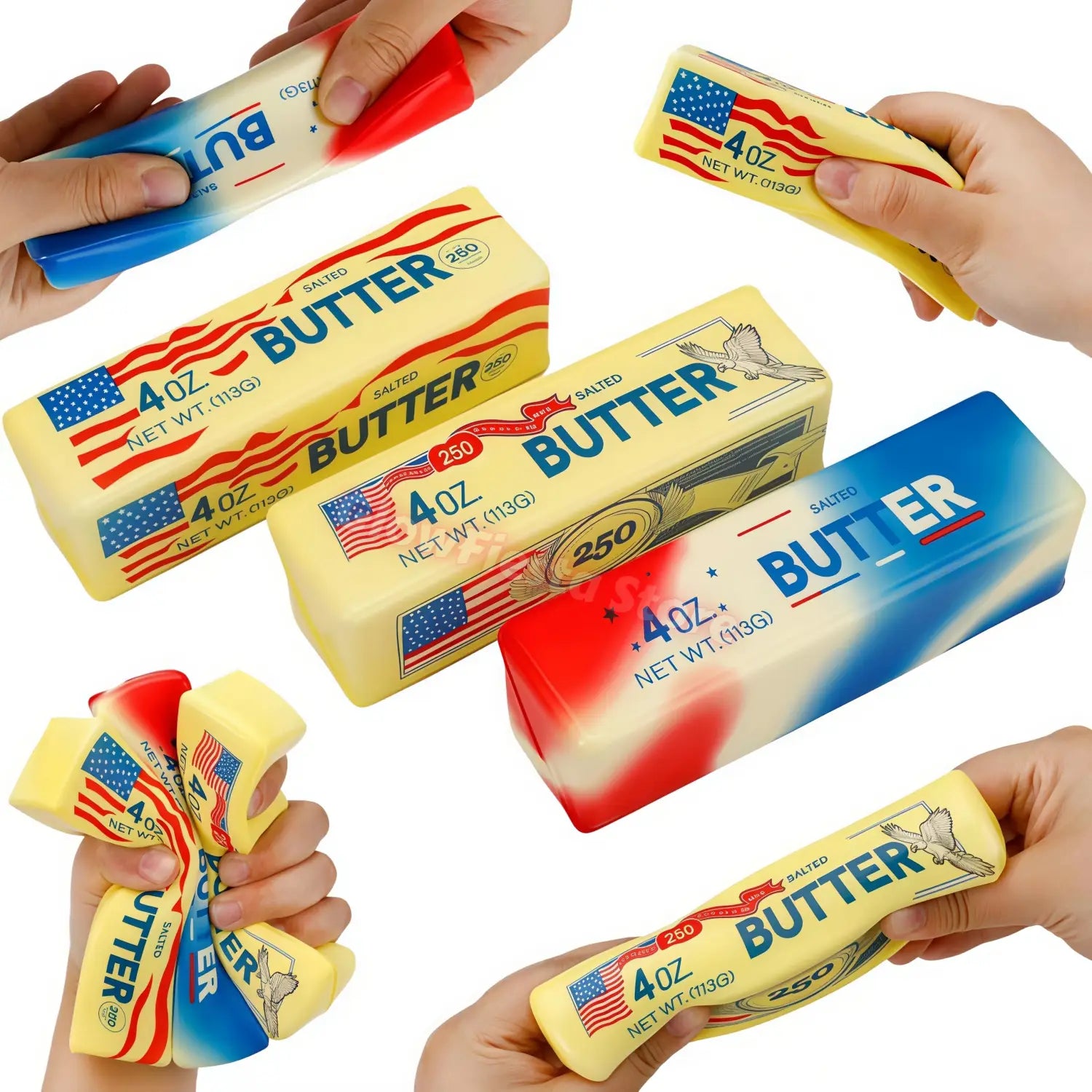 Coffret de 12 jouets antistress en bâton de beurre à montée lente, comprenant des bâtons de beurre salé au thème du drapeau américain, dans des emballages jaunes, rouges et bleus.