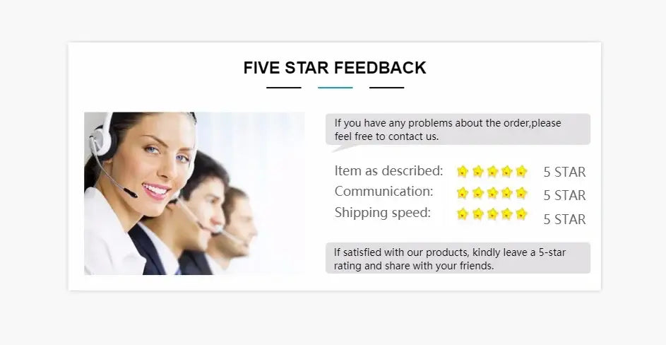 Five-star feedback graphic showing a smiling customer service representative with headset and five yellow stars for item as described communication and shipping speed for artificial flowers cherry blossoms bouquet pink.
