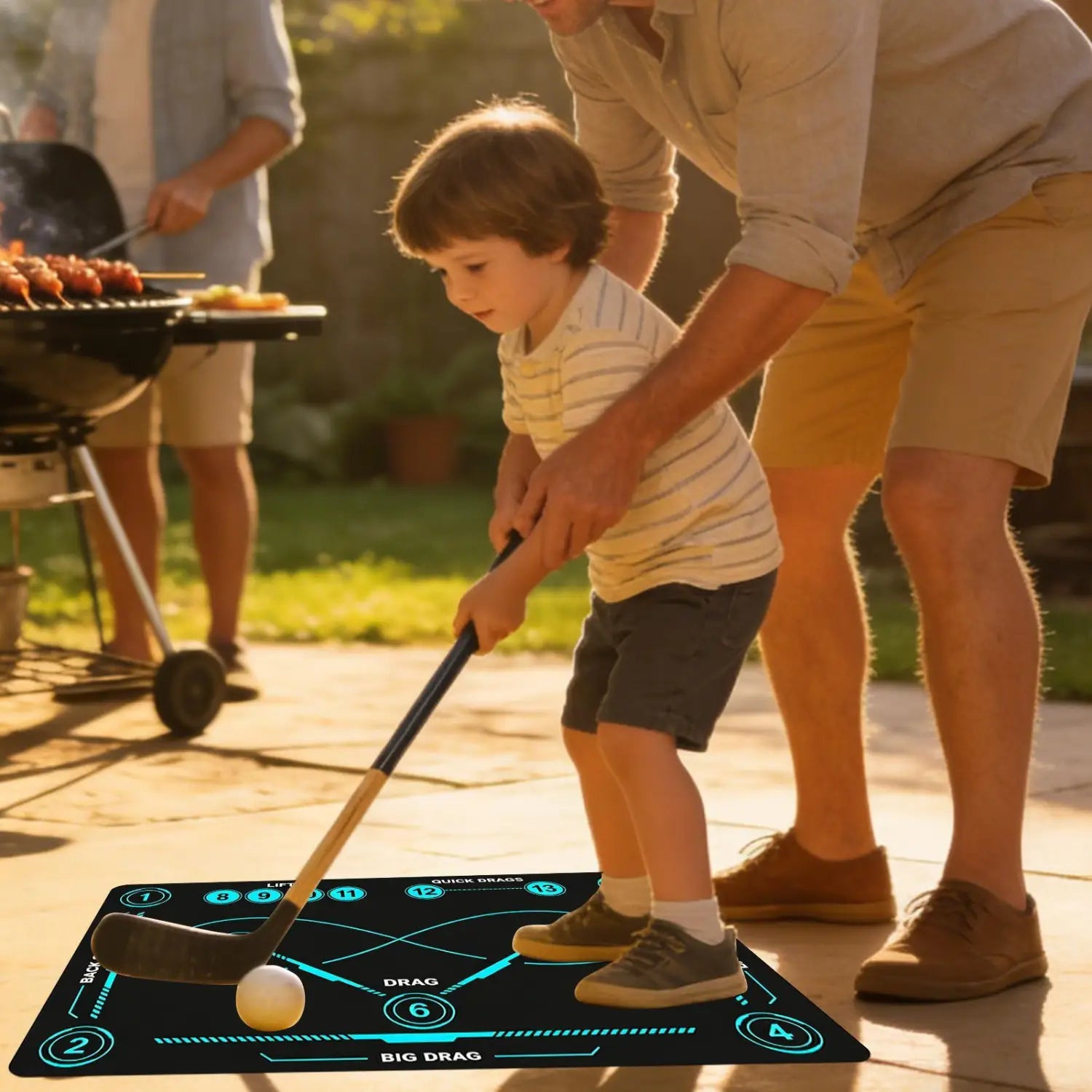 Black hockey training mat non slip stickhandling pad with glowing blue digital markings and numbered targets for kids to learn how to swing