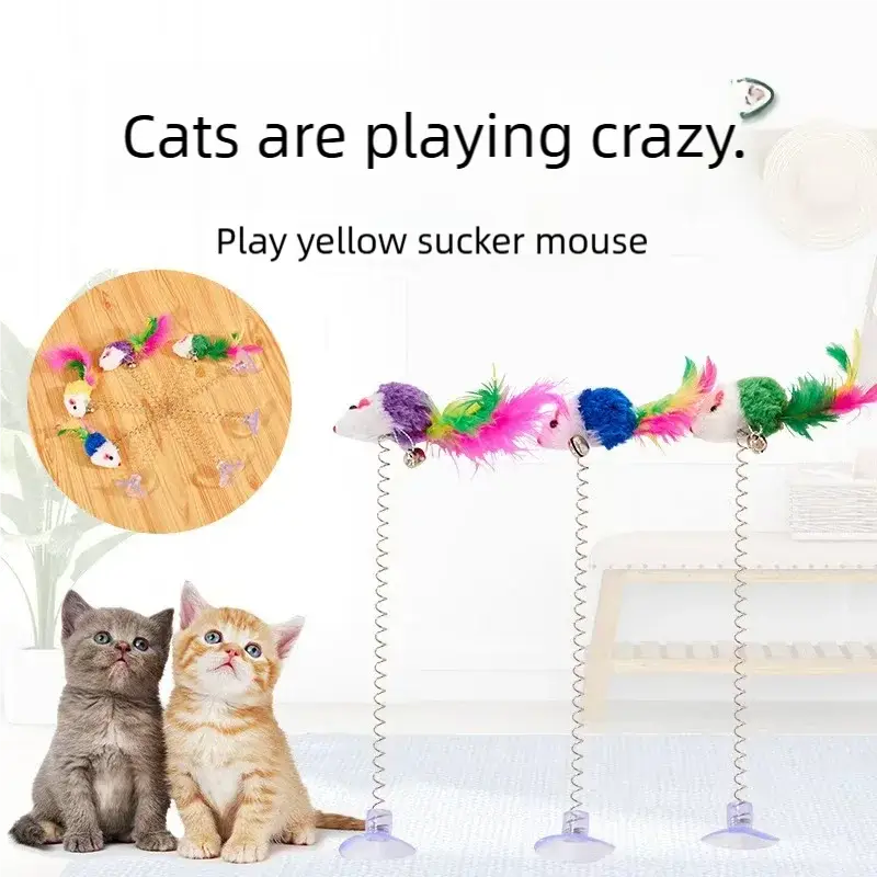 ein buntes gefiedertes Mäuse-Spielzeug mit Federmechanismus und Saugnapf für das interaktive Katzenspiel.