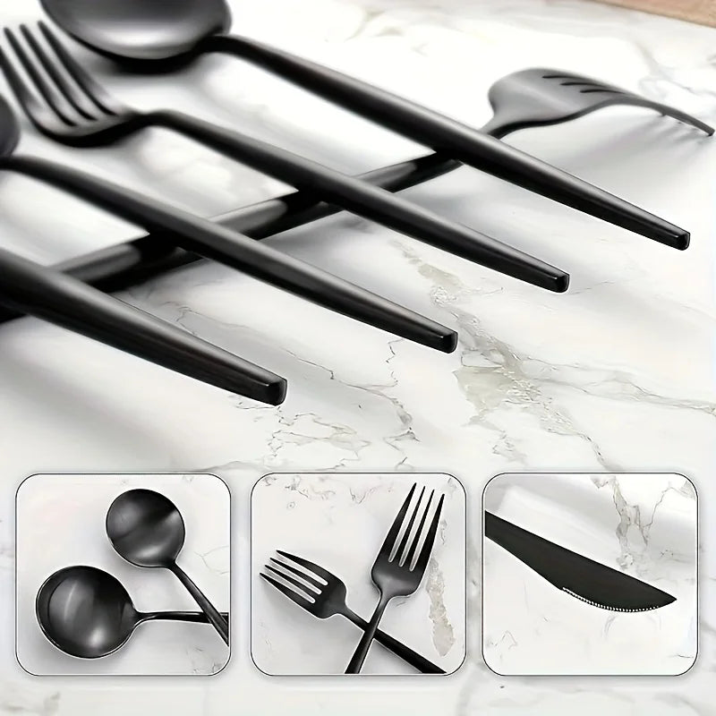 Stainless steel cutlery set, black, 20 pieces; Portuguese stainless steel cutlery for 5 people; elegant Western cutlery; dishwas
