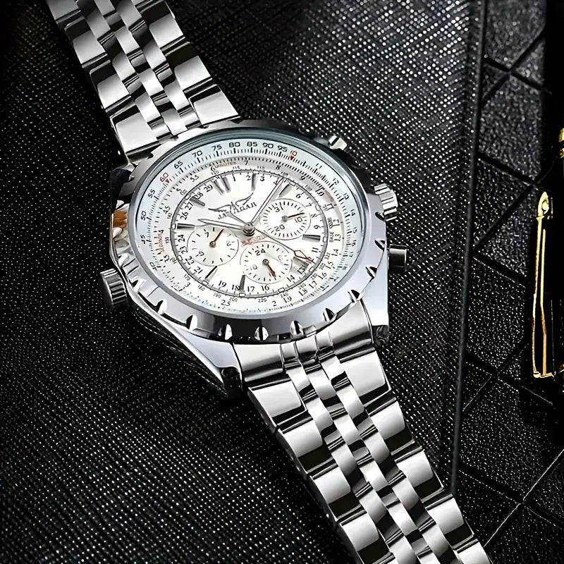 Mechanical stainless steel men’s chronograph watch with a silver polished bracelet and a white dial featuring three subdials.