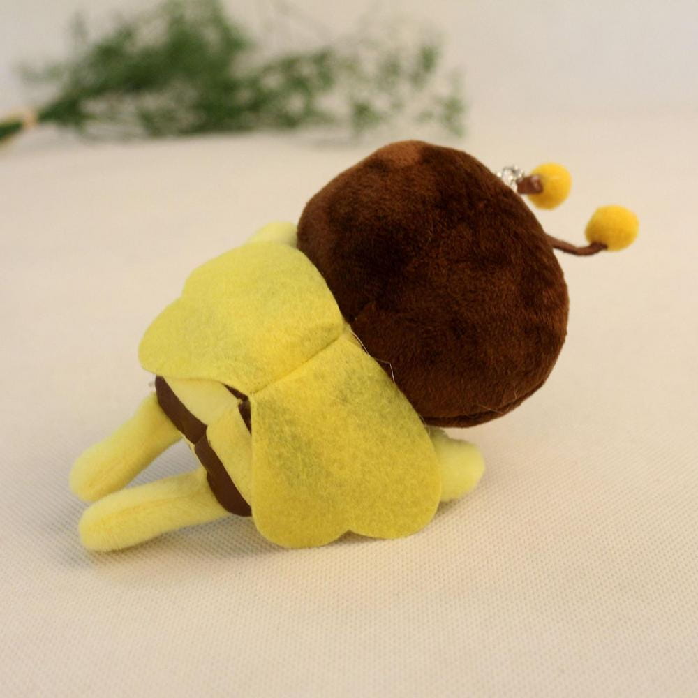 a bee stuffed animal keychain featuring a plush design with a brown fuzzy head yellow felt body wings and small yellow antennae