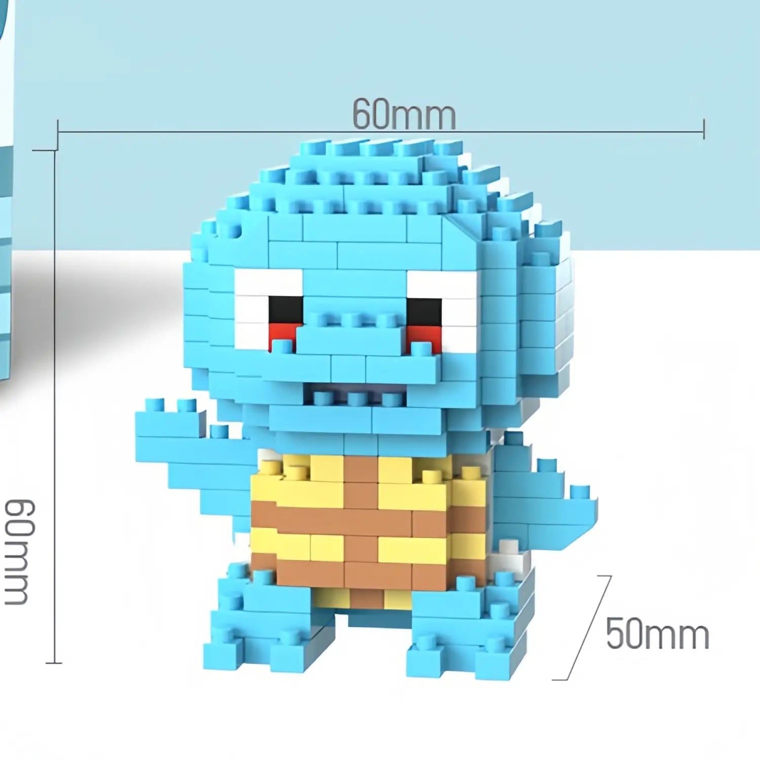 A blue and yellow pixelated squirtle figurine made of interlocking plastic bricks from the Pokemon Micro Building Block Figures set.