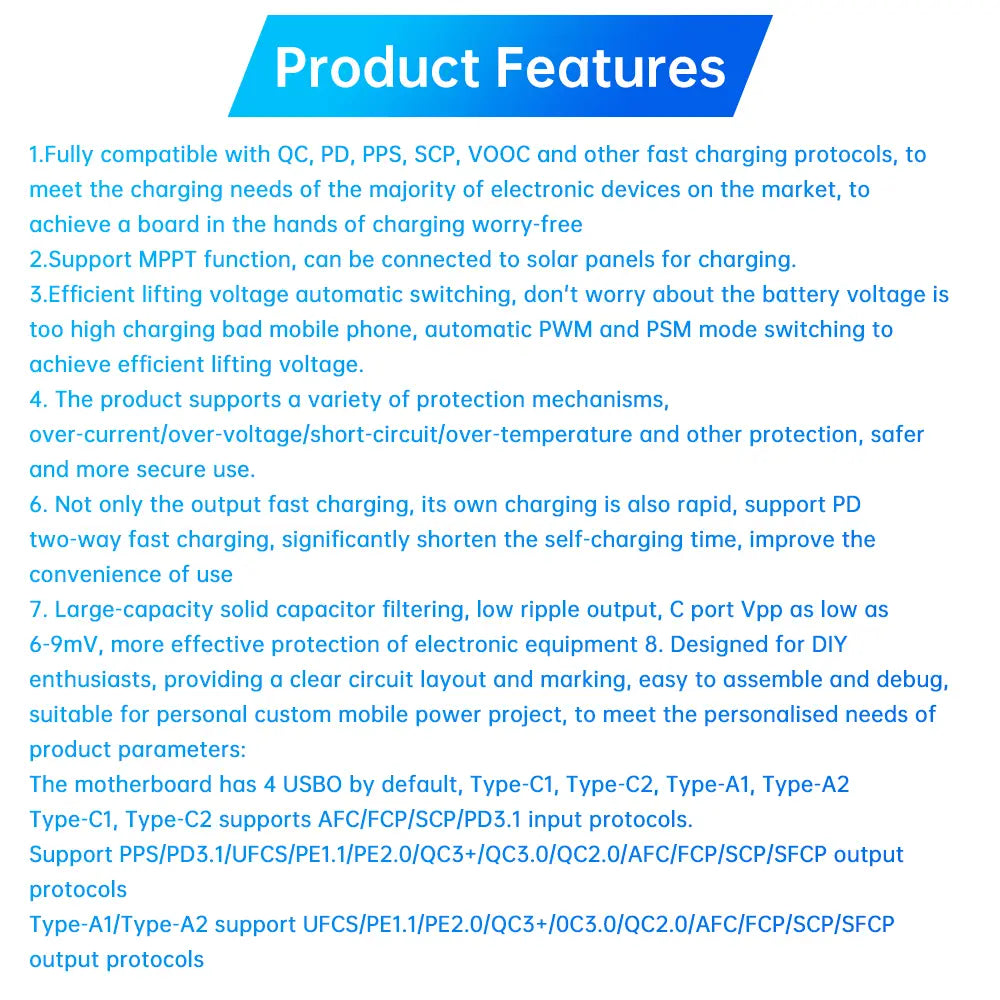 Il s’agit d’un module de carte de circuit imprimé de batterie externe de charge rapide USB-C, noir, polyvalent, avec plusieurs ports et des fonctions de protection avancées, conçu pour la compatibilité avec divers appareils.
