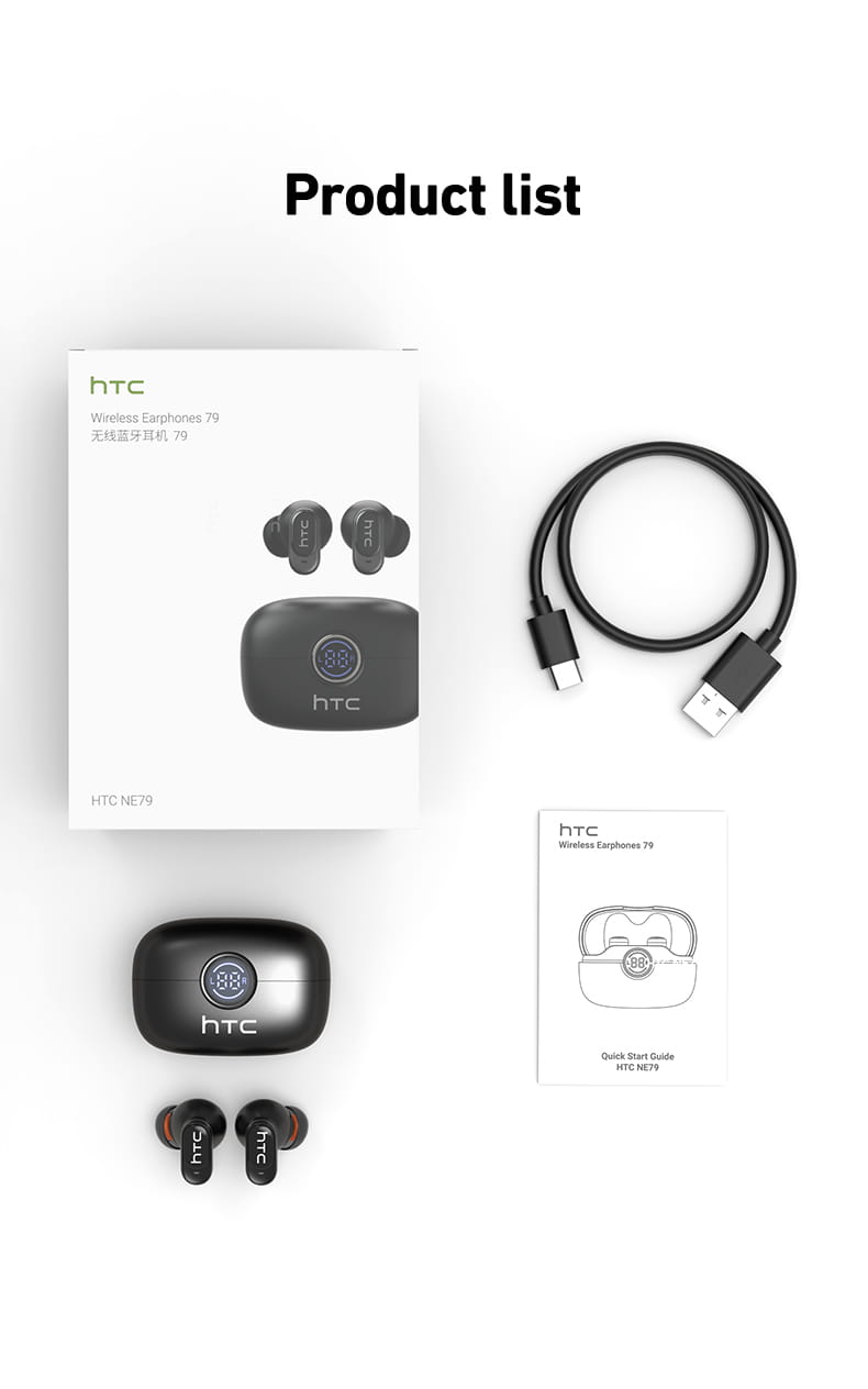 マット仕上げとシルバーのブランド表記を備えたブラックのHTC NE79 TWS Bluetoothイヤホン。充電ケースとともに、ハイファイ・ステレオの音質を際立たせます。