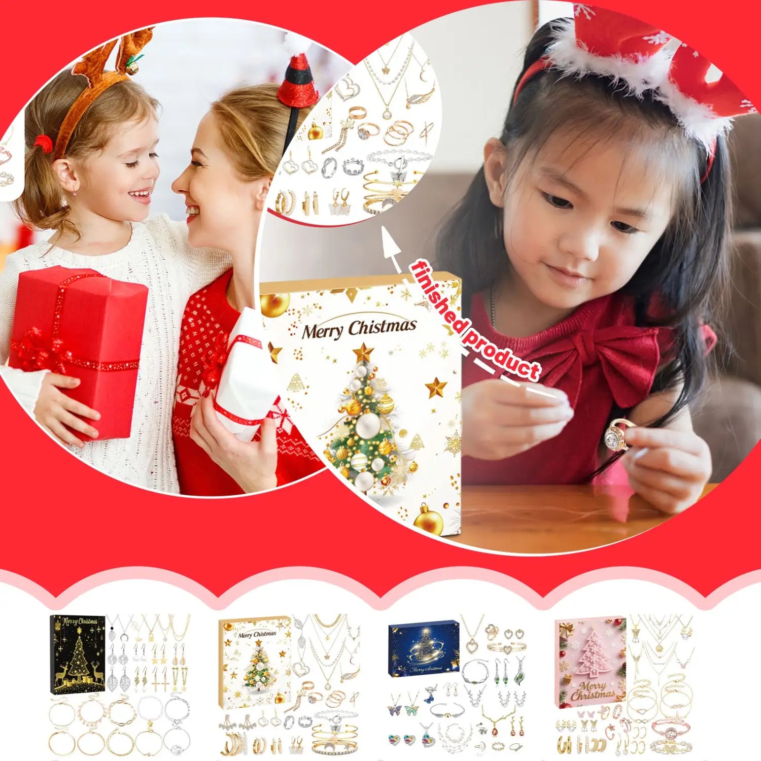 Christmas advent calendar jewelry gift set featuring a Christmas-themed jewelry-making kit with gold and silver-toned pieces in festive packaging.