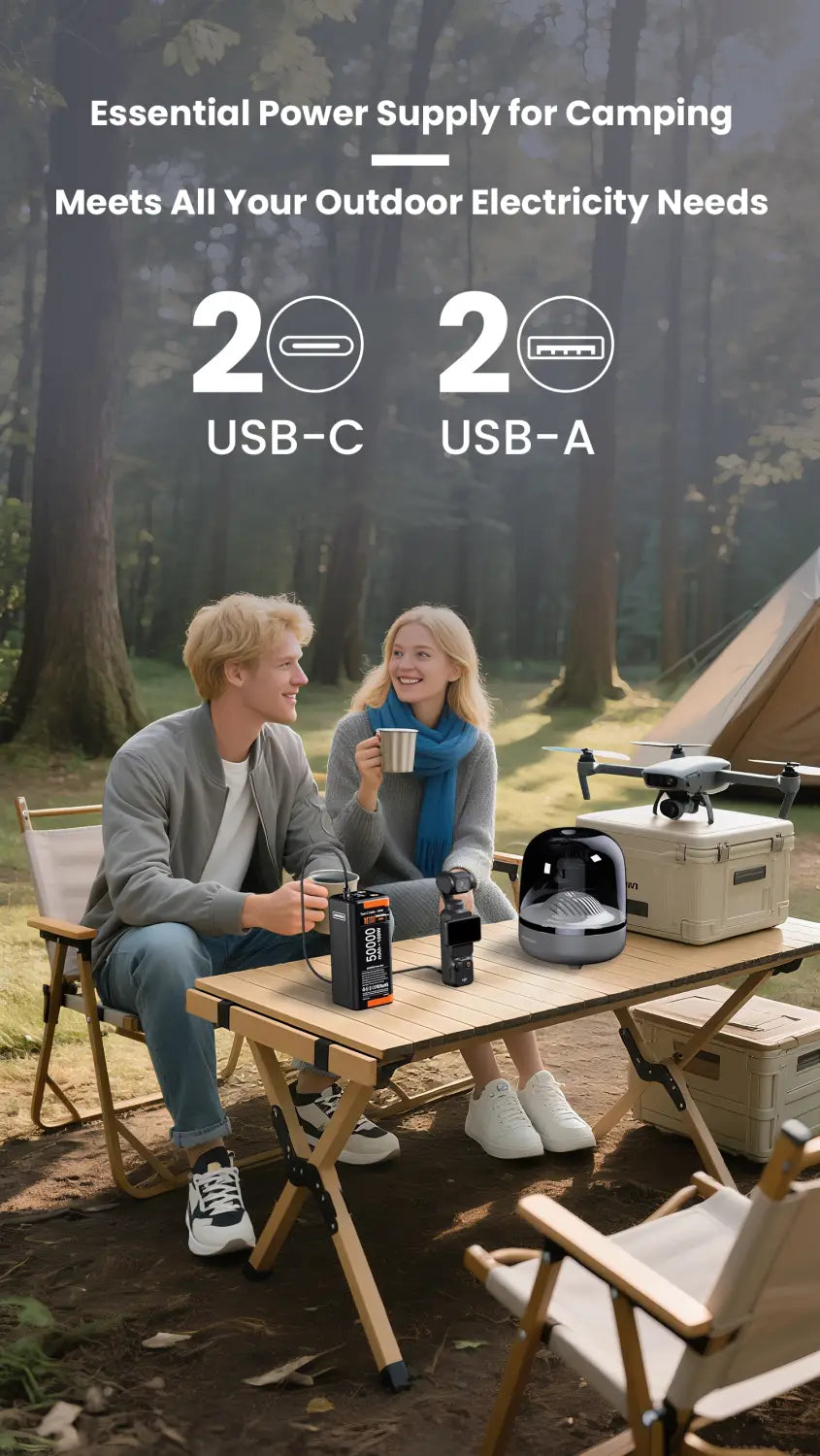 Station d’alimentation portable noire, avec deux ports USB-C et deux ports USB-A, pour les besoins en électricité en extérieur, dans le power bank Asometech 50000 mAh, 100 W, à charge rapide.