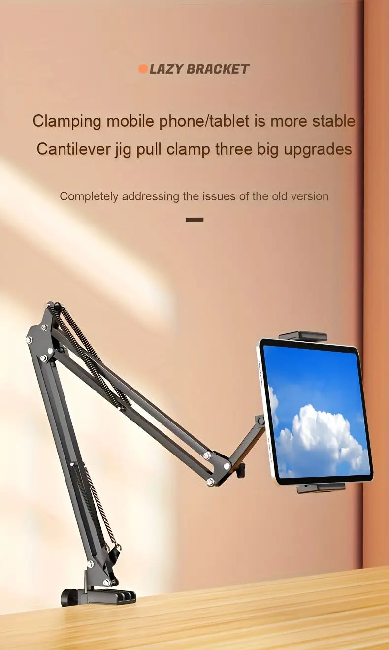 black metal adjustable arm desk mount made of metal for tablets and smartphones shown from the back side designed for bed use