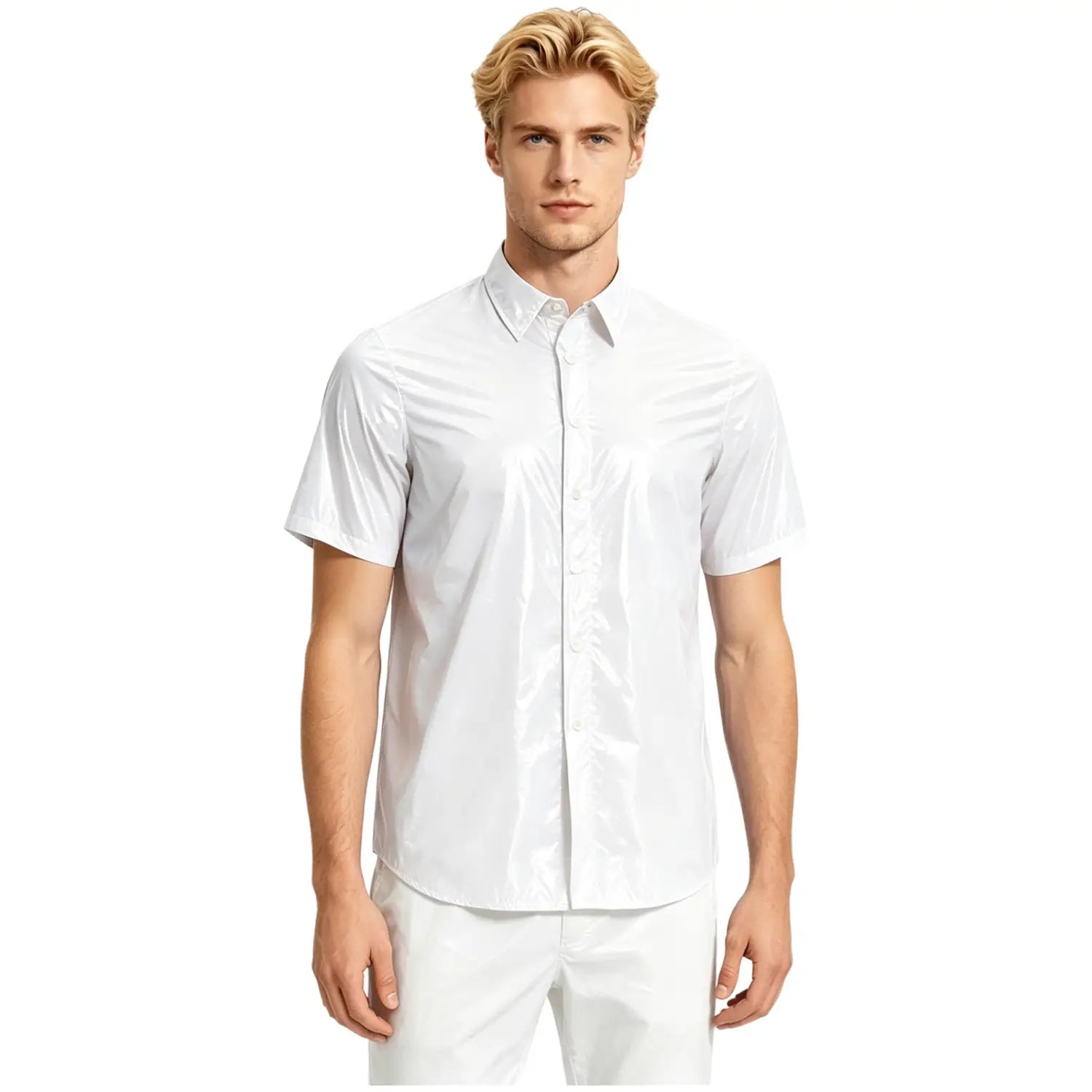White short-sleeved button-down shirt with a crisp collar and subtle sheen shown alongside a men waterproof hooded windbreaker jacket.