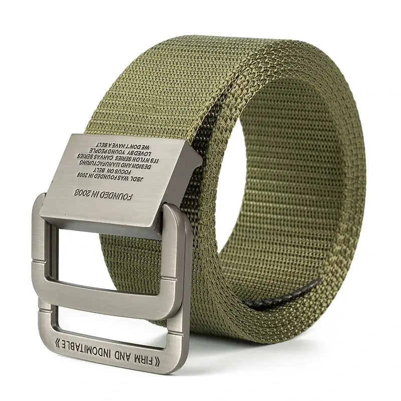 Men canvas tactical belt in olive green with an automatic silver toned metal buckle featuring engraved text.