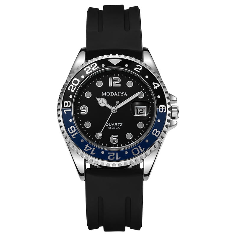 Quartz sport watch with black dial, silver-toned case, black rubber strap, and date display.