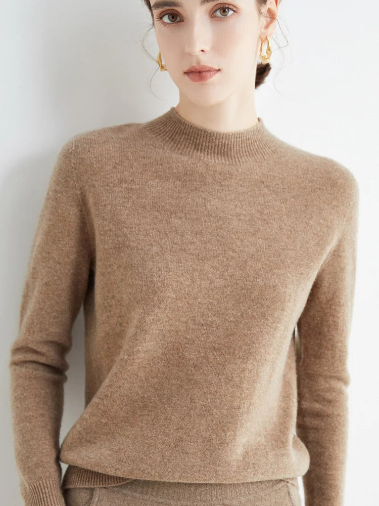 Women 100% Merino Wool Sweater For Autumn Winter  First Line Seamless Half-high Collar Pullover Basic Top OL Solid Soft Cashmere