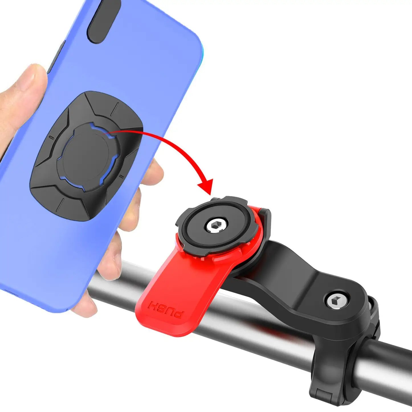 Universelle Smartphone-Halterungsklebefläche für Fahrrad-Lenker in Rot und Schwarz mit sicherer Befestigung am Fahrradlenker und Halterung für das Telefon zur Anbringung.