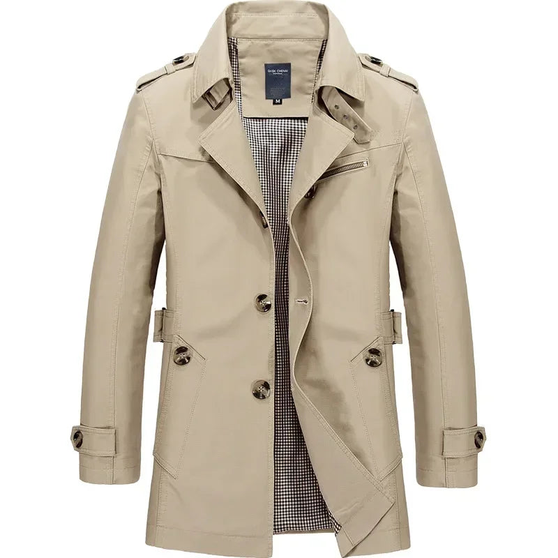 Fashion New Men Trench Coats 100% Cotton Casual Business Trench Jacket Elegant Male Single Breasted Windbreak Mid-length Jackets