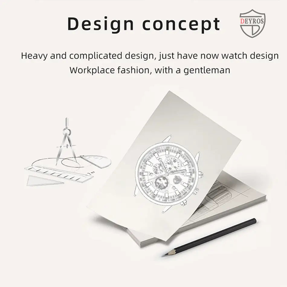 Croquis technique détaillé d’une montre pour homme à chronographe en quartz Deyros en acier inoxydable noir, rendu en lignes noires précises sur papier.