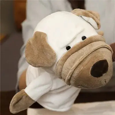 A plush white and tan dog-shaped hand finger puppet made of soft fabric with stitched nose and black button eyes designed as educational baby toys from the lion elephant bunny collection.
