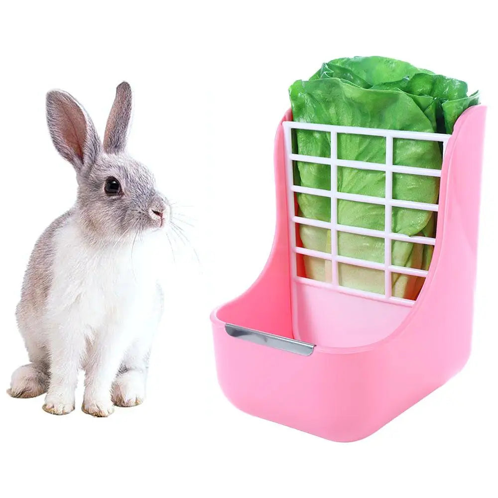 pink plastic rabbit hay feeder with white grid insert containing green lettuce for small animals hay feeder and rabbit hay access