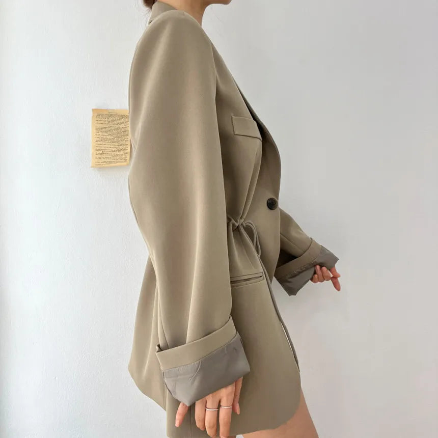 Casual Blazers Women Vintage Drawstring Waist Long Sleeve Outerwears Tailored Collar Coats Women Tops Office Lady Commuter Chic